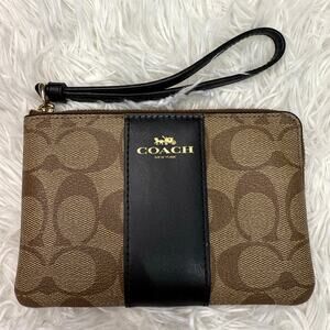 COACH Black and Brown Signature Coated Canvas Wristlet